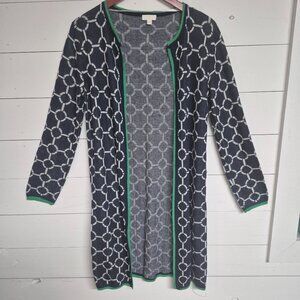 C by Bloomingdales Navy & White Chain Pattern Open Front Cardigan With Green Tri